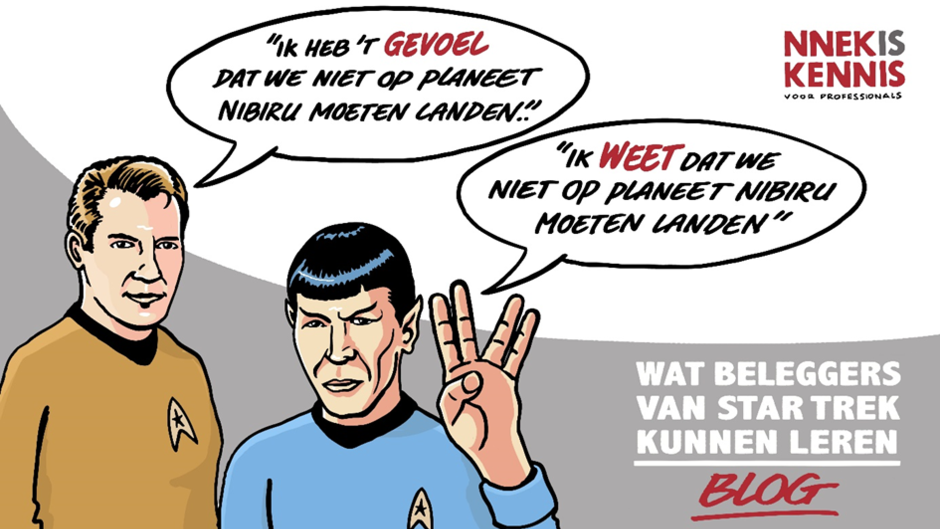Kapitein Kirk en Mr. Spock uit Star Trek in gesprek over waar ze gaan landen
